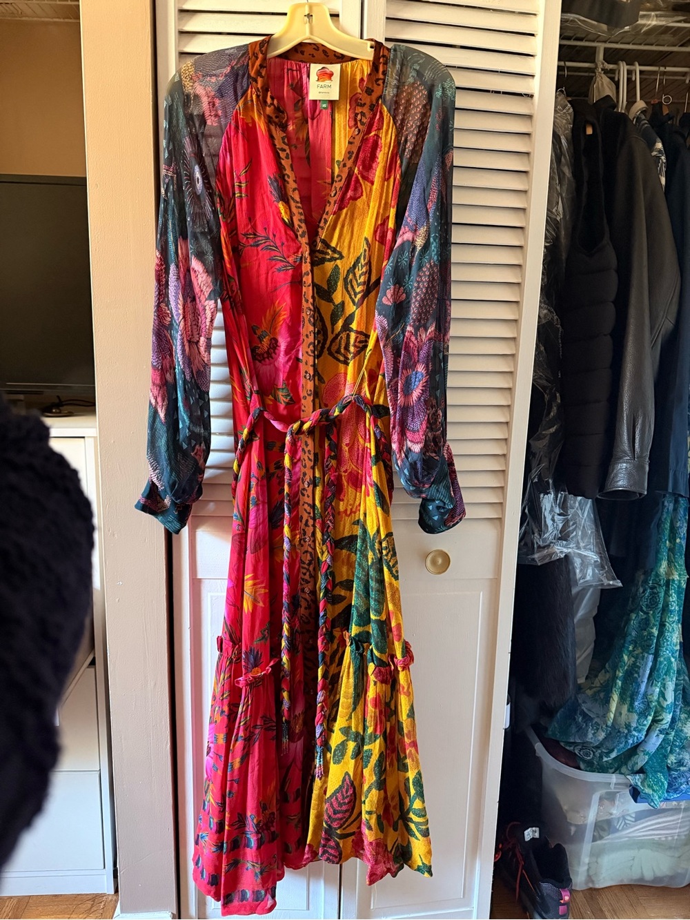 FARM Rio Pink, Yellow & Teal Floral Maxi Dress with Tie Waist